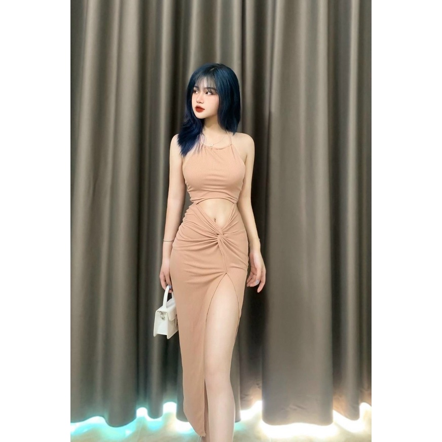 Đầm body cổ yếm xoắn hở bụng phối xẻ tà cực kì sang chảnh