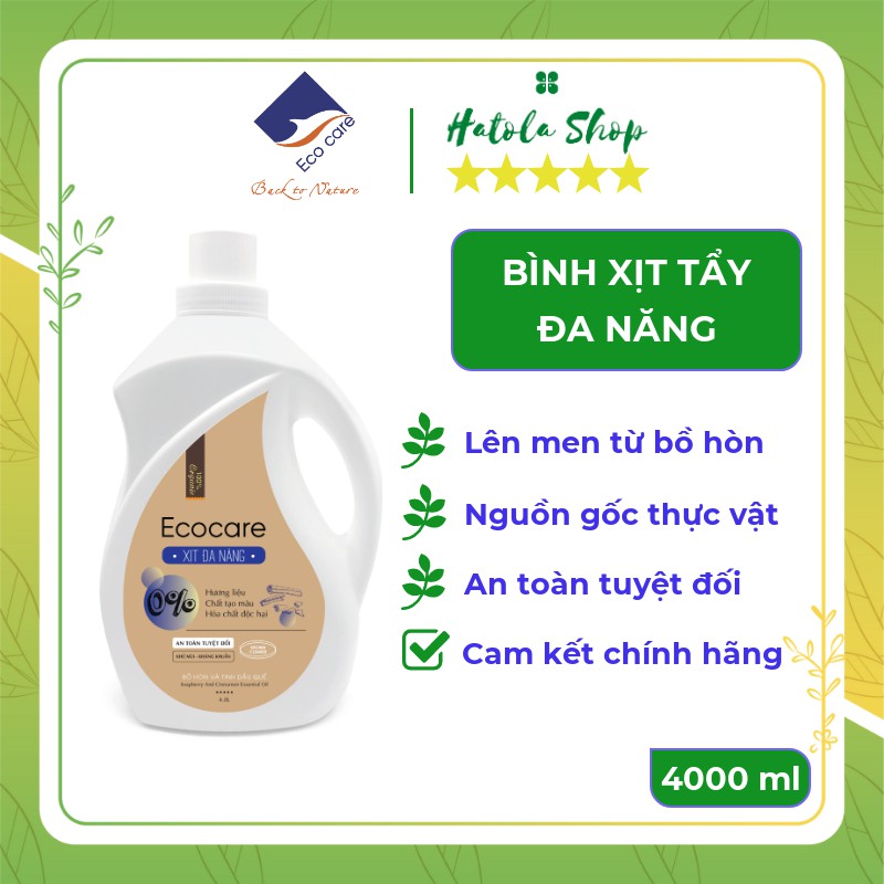 Bình Xịt Tẩy Đa Năng hữu cơ Bồ hòn Ecocare 4000ml, Chất tẩy đa năng tinh dầu tự nhiên Quế, Sả chanh