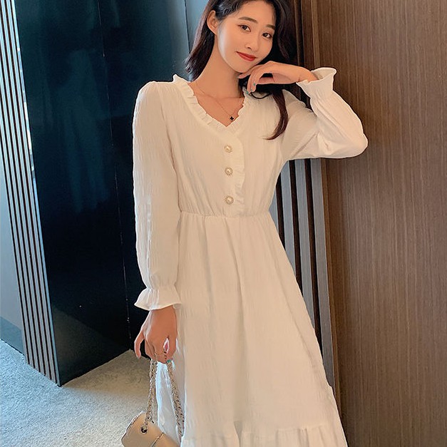 [L&P] Phong cách Hepburn  phong cách mới  váy trắng kiểu Pháp  váy dài tay tính khí thời trang | BigBuy360 - bigbuy360.vn
