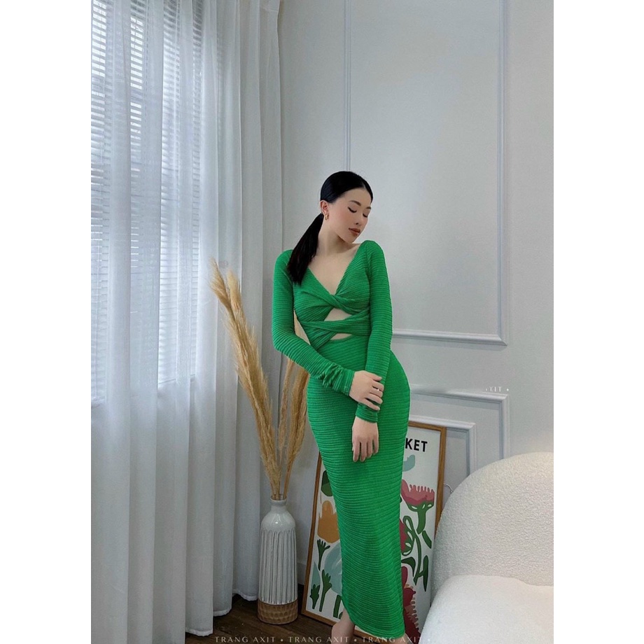 Đầm tay dài cổ tim ôm body kiểu xoắn ngực xoắn eo cực xinh , chất thun gân dày dăn  mềm mịn ly