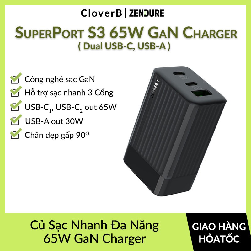 Củ Sạc Nhanh 65W GaN2 Zendure SuperPort S3 Hỗ Trợ 3 Cổng Sạc Nhanh Cho Macbook, iPhone, iPad, Dell, Thinkpad, Samsung