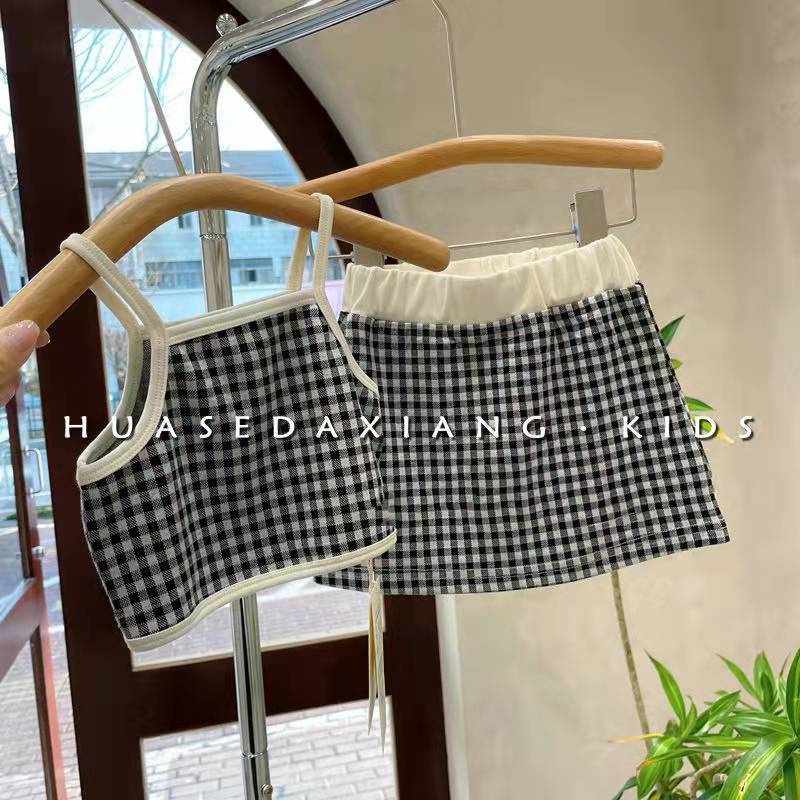 Set Áo Sát Nách Kẻ Sọc Caro + Chân Váy Thời Trang Hè Hàn Quốc Mới 2023 Cho Bé Gái