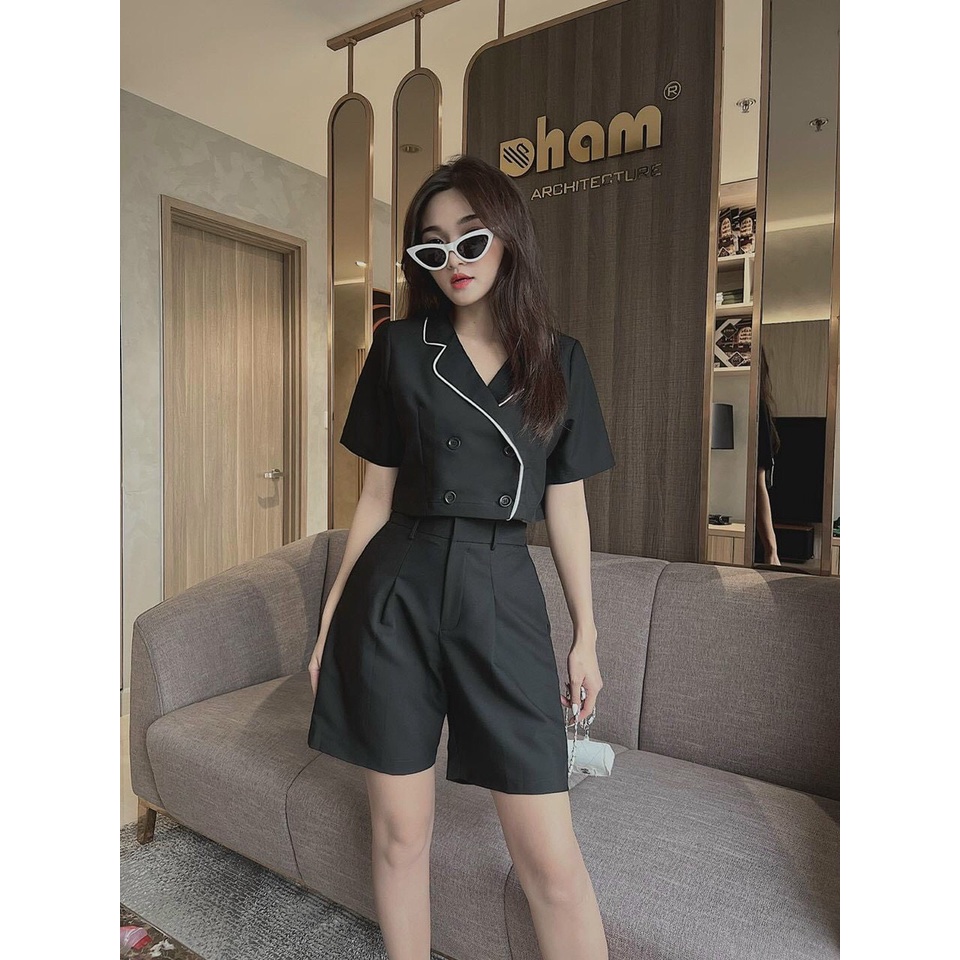 [8.8 Sales Freeship] Set bộ vest lửng công sở, set áo vest tay ngắn phối chạy viền croptop, quần ngố rộng lưng cao