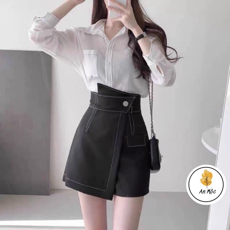 [AN MỘC] Quần váy vạt chéo phối cúc viền chỉ nổi thanh lịch cho nữ