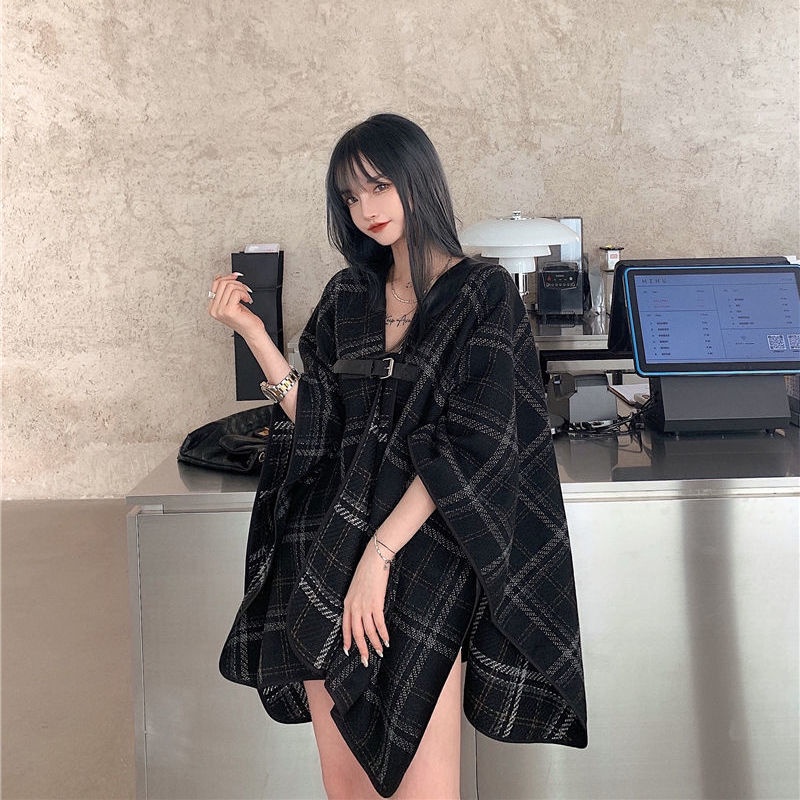 Áo choàng len kẻ sọc caro phong cách Hàn Quốc chất lượng cao cho nữ | BigBuy360 - bigbuy360.vn