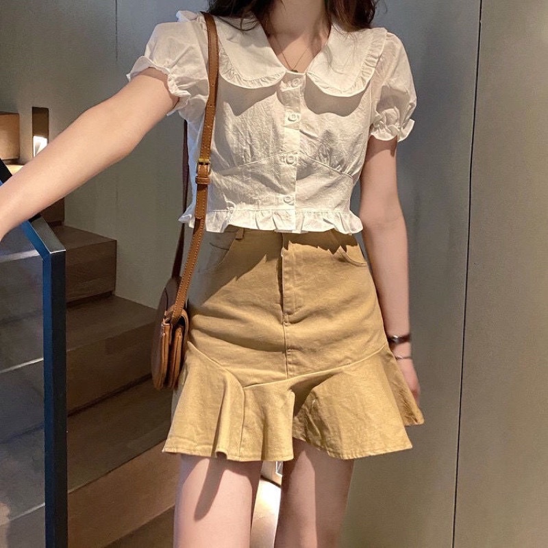 Áo sơ mi kiểu croptop tay ngăn bồng phong cách Hàn Quốc mã QD067