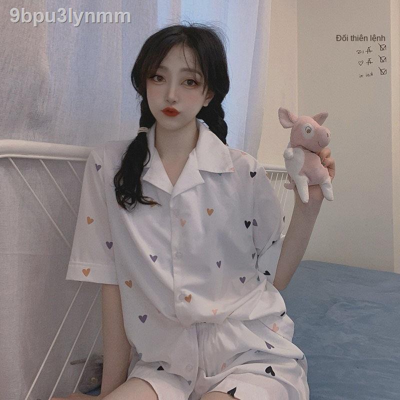 Đồ bộ/ Đồ mặc nhà> Cardigan Pyjama dành cho nữ mùa xuân và hè Bộ quần áo ngắn tay Kẻ sọc ngọt ngào giản dị học sinh Tran