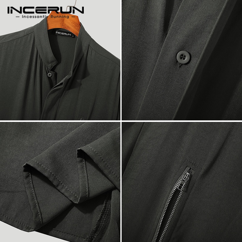 Áo sơ mi INCERUN tay lửng cổ đứng màu trơn phối khóa kéo thời trang mùa hè vintage dành cho nam