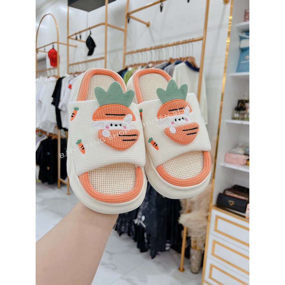 Dép bánh mì nữ, dép phối vải thêu hình con ếch củ cà rốt đế độn siêu nhẹ chất liệu EVA size kép 36-41
