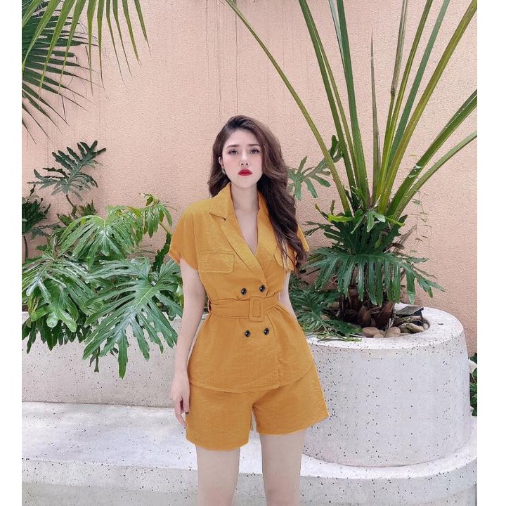 Set Nữ FREESHIP Set nguyên bộ quần short áo 4 nút cổ vest thắt J1095