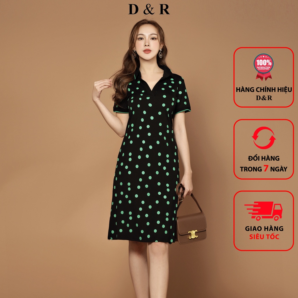 Đầm polo nữ bigsize họa tiết bi xanh Quảng Châu cao cấp váy đi chơi dạo phố thương hiệu thời trang D&R D206