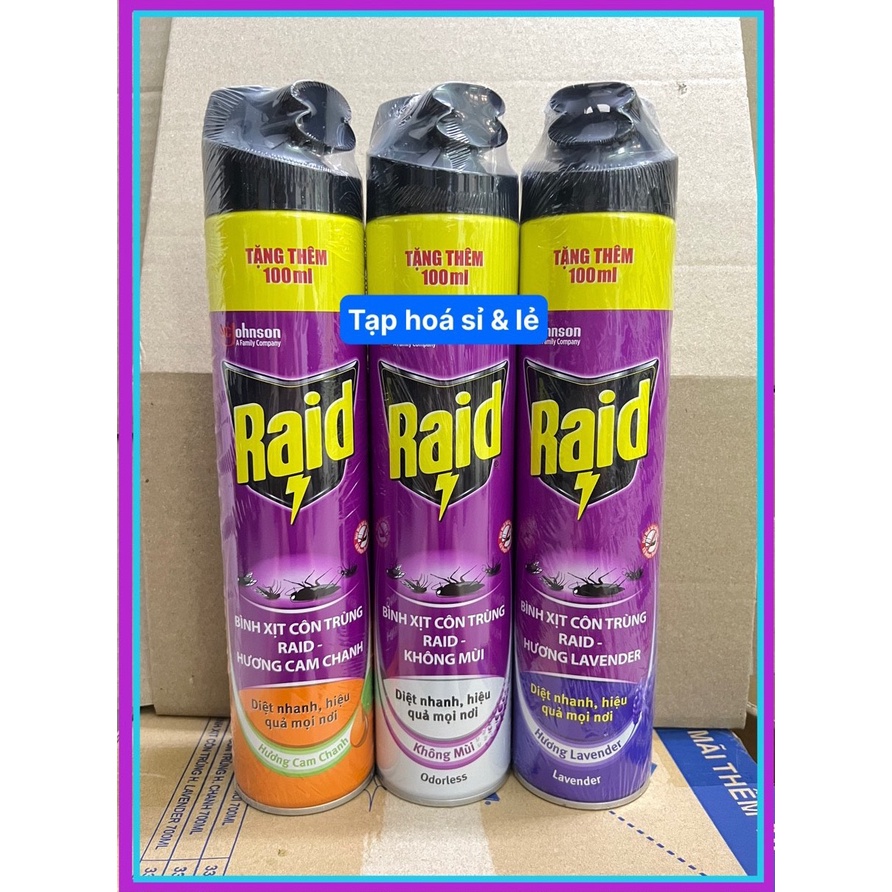 Xịt muỗi Raid hương chanh/ không mùi/ lavender 600ml+100ml giá không đổi