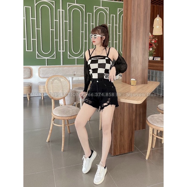 Set áo cadigan lưới mix áo hai dây len kẻ ô vuông, chất len mtg.