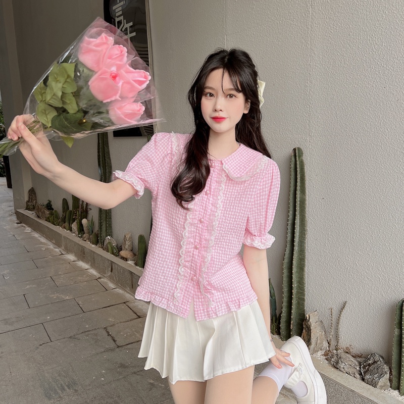 Áo sơ mi SUXI tay ngắn dáng ôm cổ búp bê kẻ sọc ca rô dễ thương thời trang mùa hè cho nữ