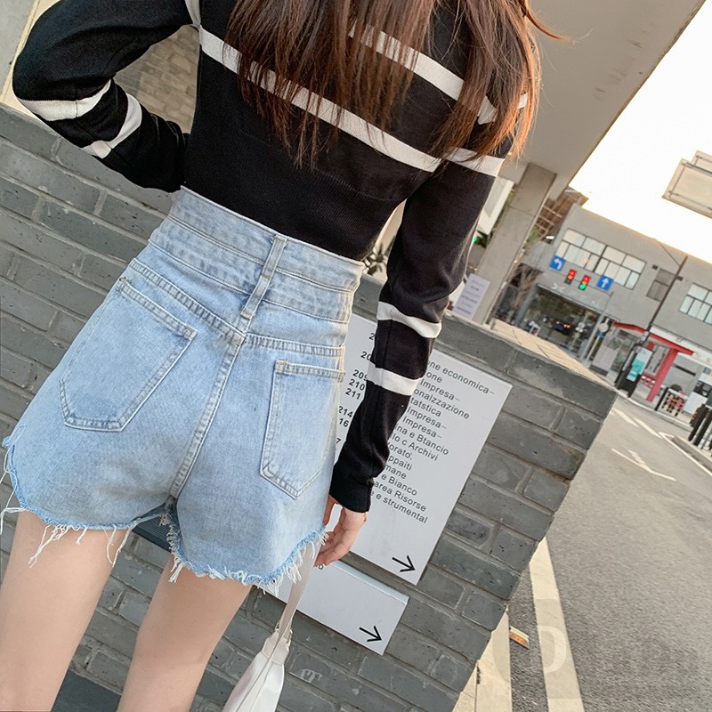 Quần Short Jean Lưng Cao Dáng Rộng Rách Gối Phong Cách Hàn Quốc Thời Trang Mùa Hè Hàng Mới