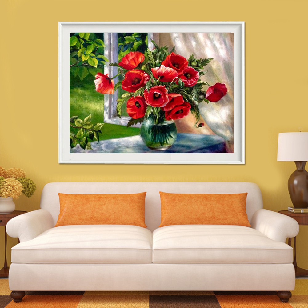 Bộ tự làm tranh đính đá 5D kích thước 40x30cm hình lọ hoa đỏ trang trí | BigBuy360 - bigbuy360.vn