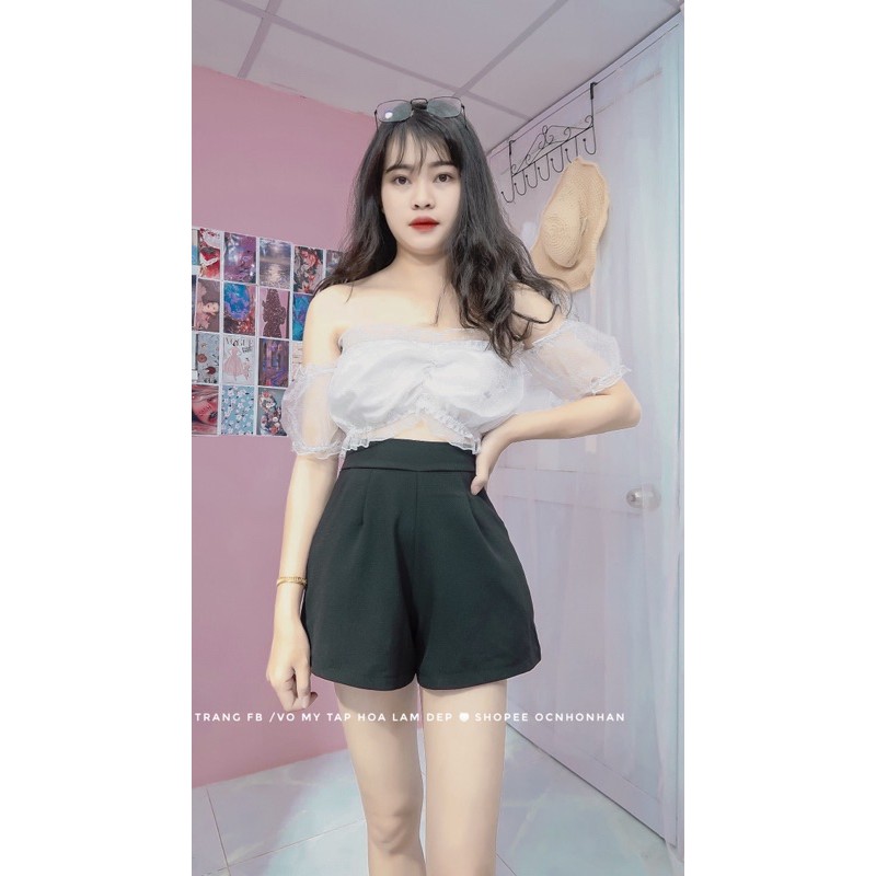 set áo bẹt vai voan nhún phối quần short