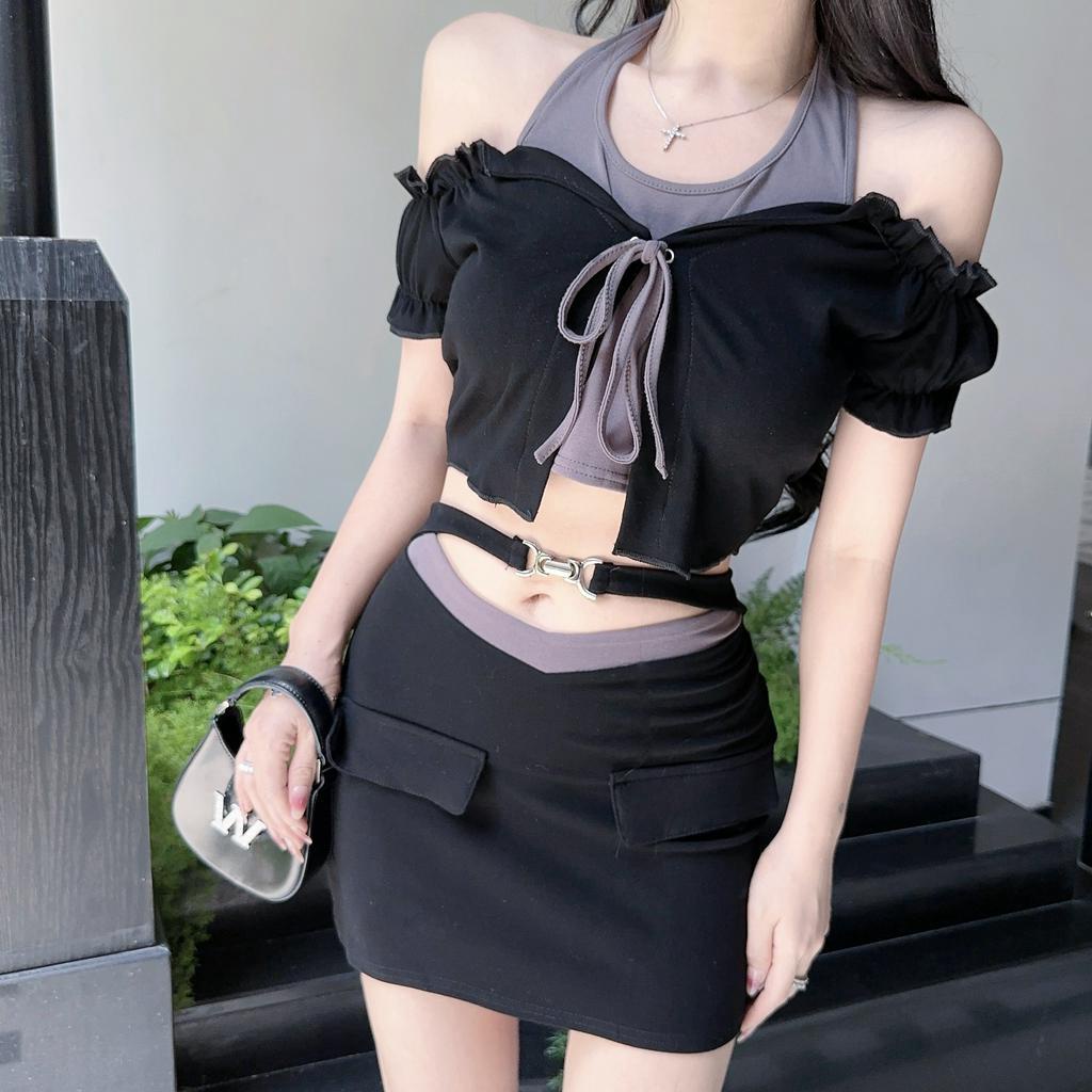 Set Áo Hở Vai Giả Hai Lớp Phối Màu Tương Phản + Chân Váy Thời Trang Mùa Hè Cho Nữ