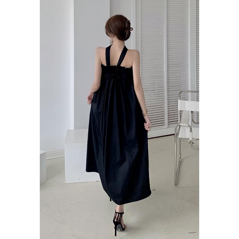Đầm dài hở lưng màu đen phong cách Retro Hàn Quốc thời trang mùa hè cho nữ