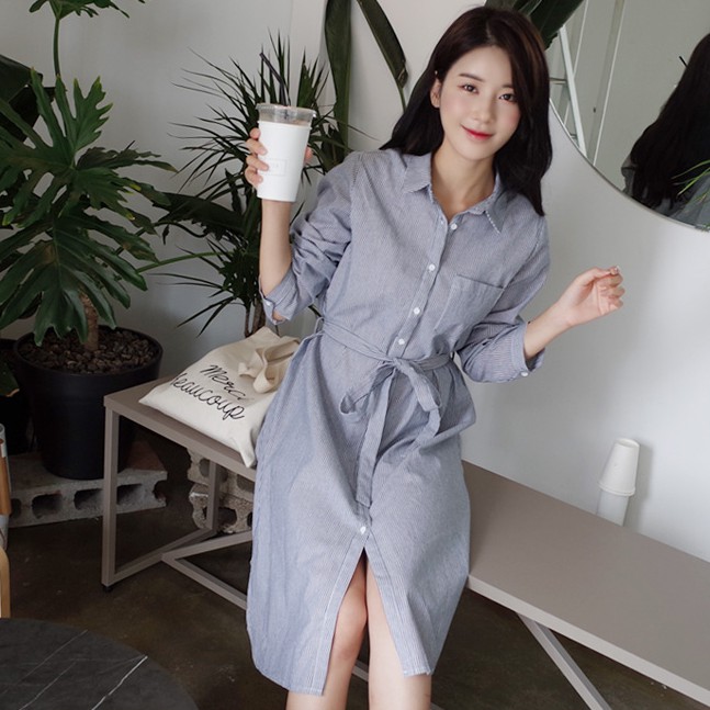 Đầm Sơ Mi Mini Tay Dài Kẻ Sọc Phối Màu Tương Phản Thời Trang Thanh Lịch Cho Nữ 32806