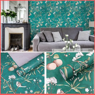 Giấy dán tường cành đào và chim có keo sẵn khổ rộng 45cm, Decal giấy dán tường màu xanh lá đậm phong cách Châu Âu