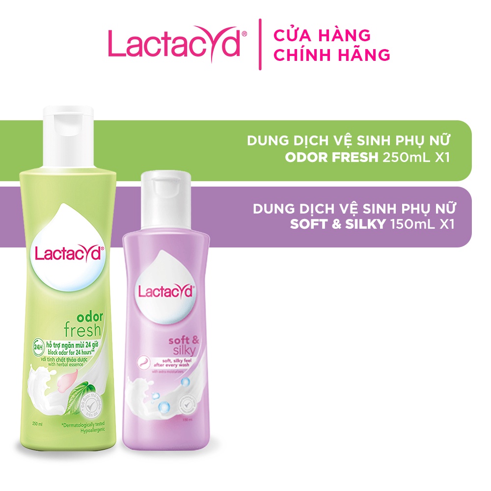 Bộ Dung Dịch Vệ Sinh Phụ Nữ Lactacyd Odor Fresh Ngăn Mùi 24H 250ml + Soft &amp; Silky Dưỡng Ẩm 150ml