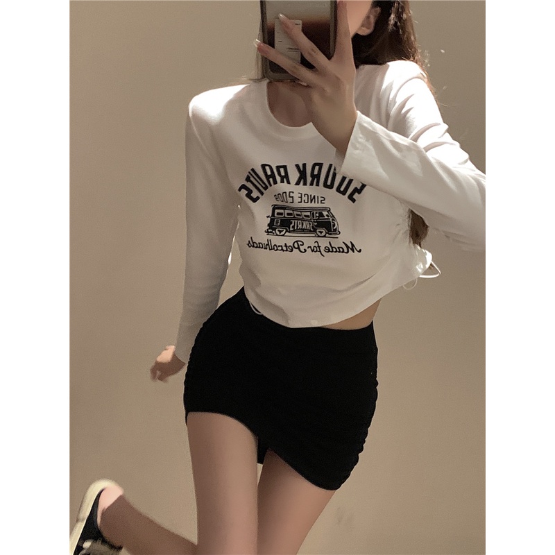 Áo Thun Tay Dài Dáng Ôm In Họa Tiết Kiểu retro Phối Dây Rút Phong Cách Hàn Quốc Thời Trang Cho Nữ