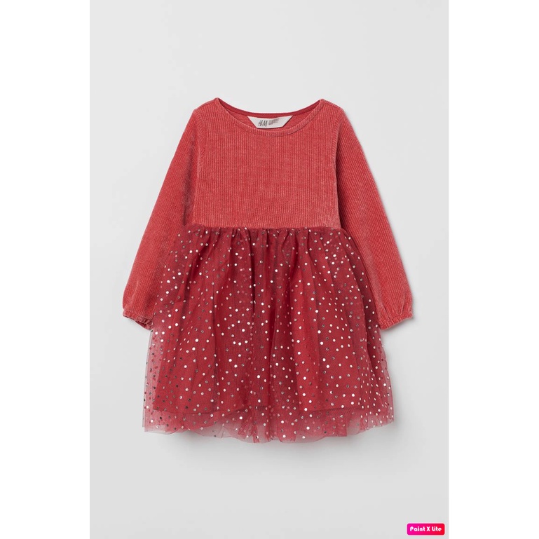 Váy dệt kim màu đỏ hồng của bé gái, chân váy phồng, Hờ mờ Nhật săn SALE