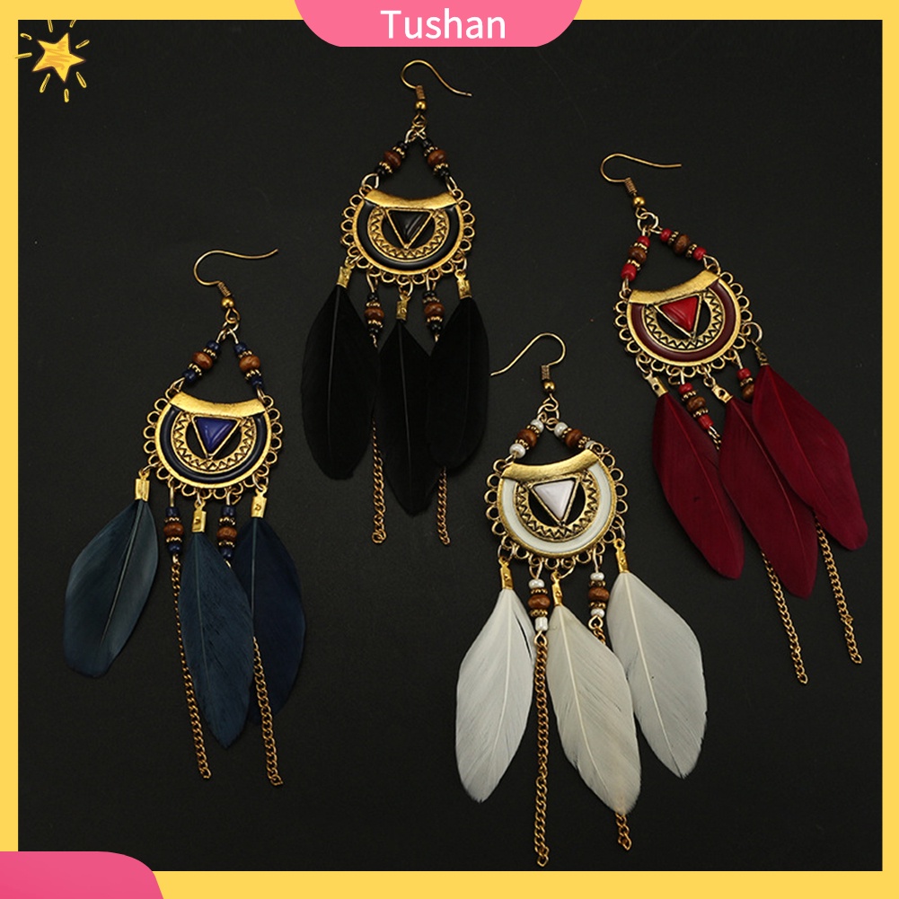 Bông tai tua rua lông vũ phong cách retro cho nữ