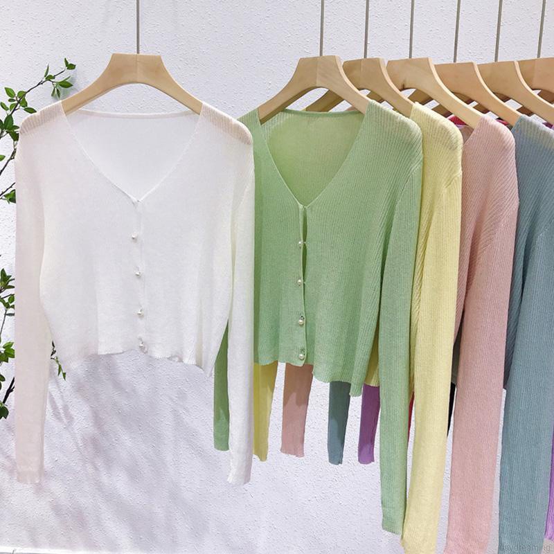 Áo Cardigan Dệt Kim Mỏng Tay Dài Cổ Chữ V Màu Sắc Đơn Giản Cho Nữ