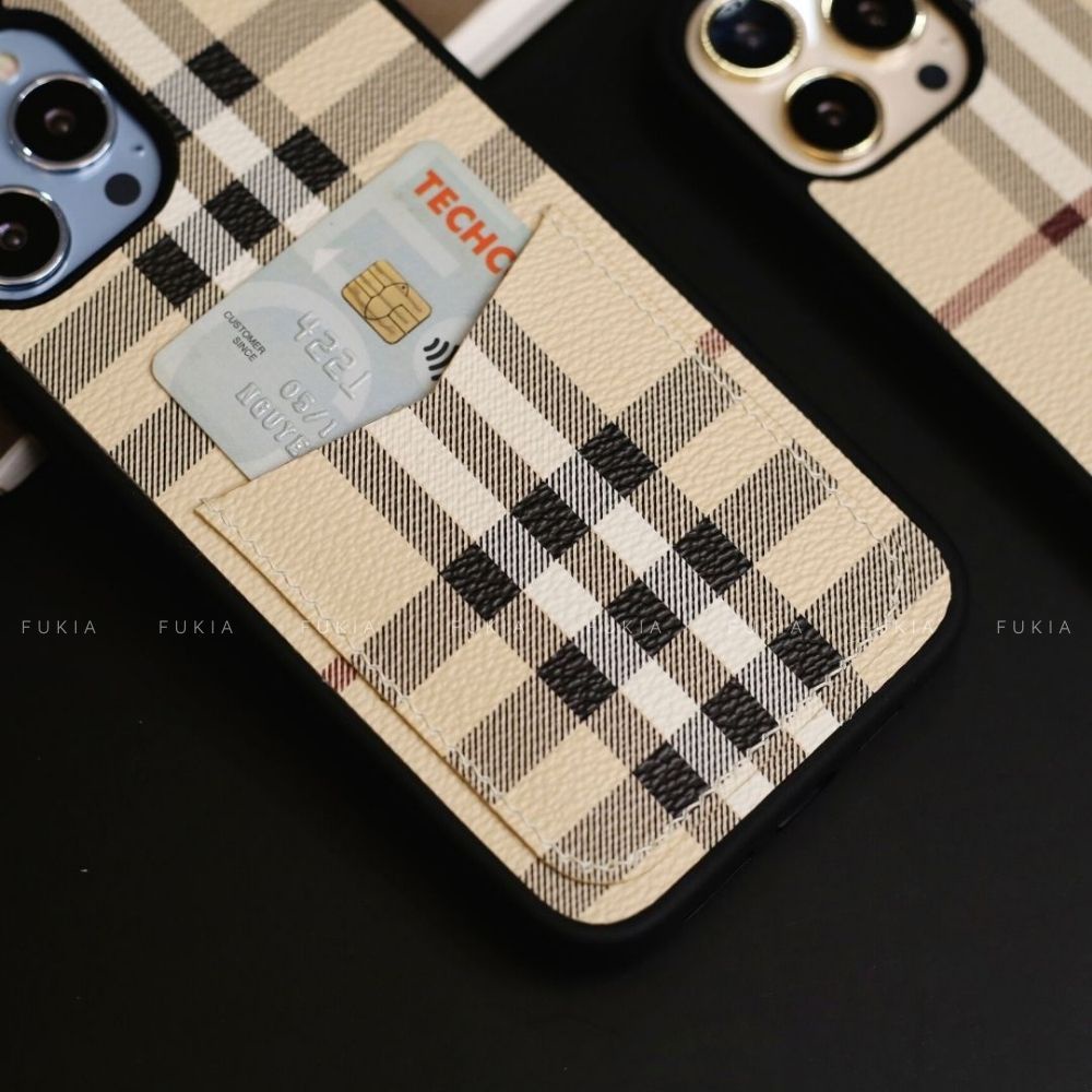 Ốp da thủ công viền đen khe thẻ hoạ tiết kẻ sọc cho IPhone 14/14Plus/14Pro/14Promax/13/13Pro/13Promax/12Promax ODTC133