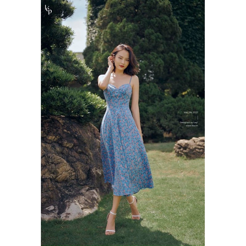 váy xanh 2 dây hoạ tiết size S Lép