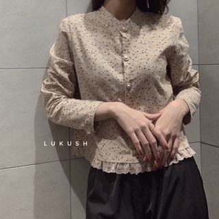 Áo sơ mi hoa nhí cổ tàu phối ren tiểu thư điểm cúc sang trọng