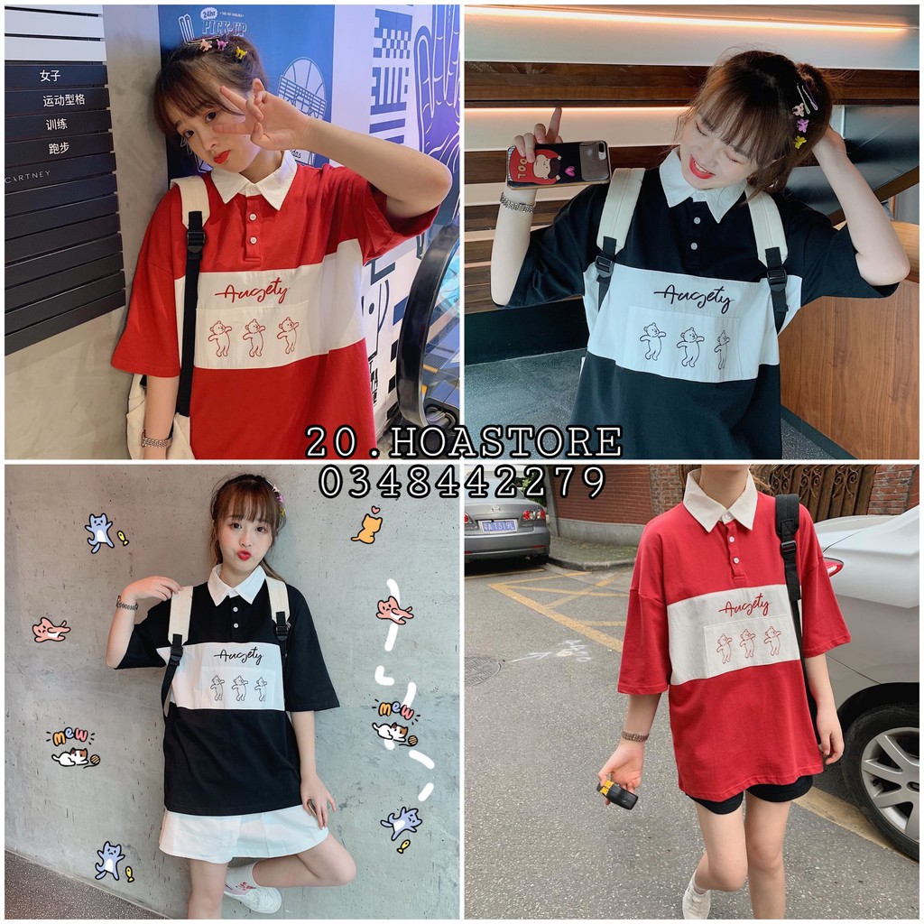 ÁO POLO CỔ BẺ IN CHỮ AUGETY HÌNH CON GẤU CUTE ĐỎ ĐEN HOT