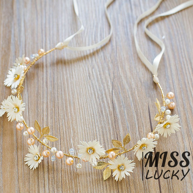 Băng đô đính hoa lá kèm dây ruy băng xinh xắn cho nữ