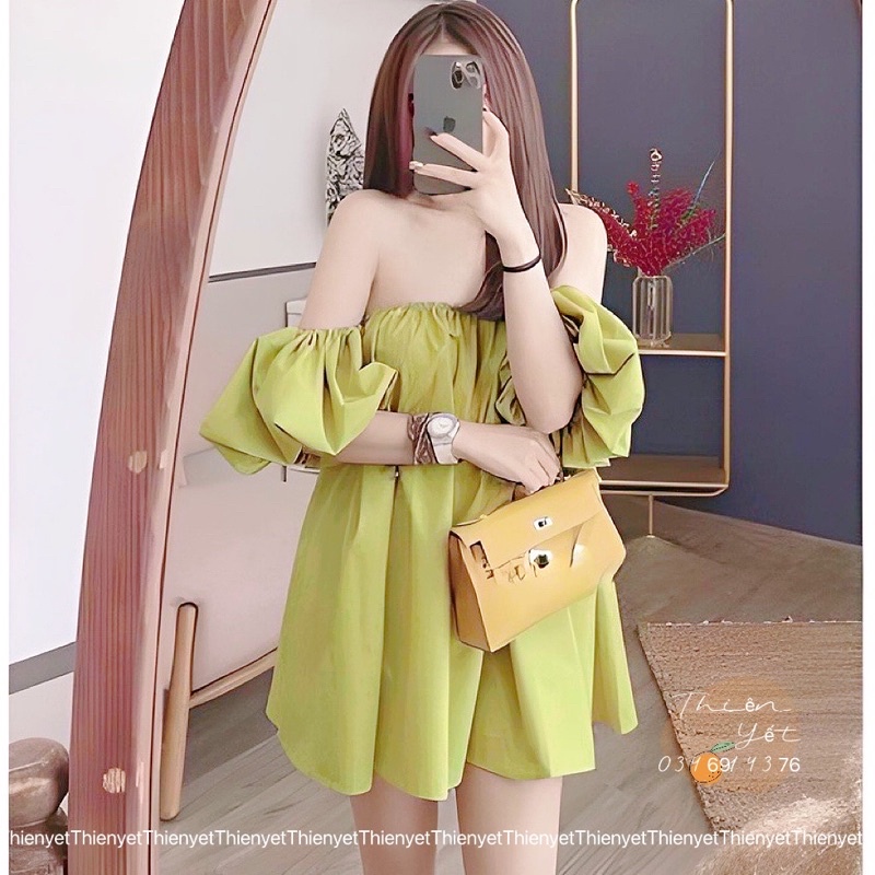 Áo trễ vai tay PHỒNG RỘNG nhúng ngực, Áo hở vai giấu quần tay phồng xinh xắn nữ-Thiên Yết QTA01