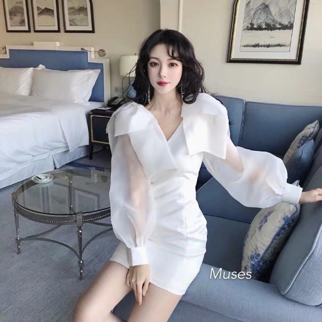 ❌ [ Váy dự tiệc nơ vai tay voan Hàn quốc ] kèm ảnh thật tự chụp