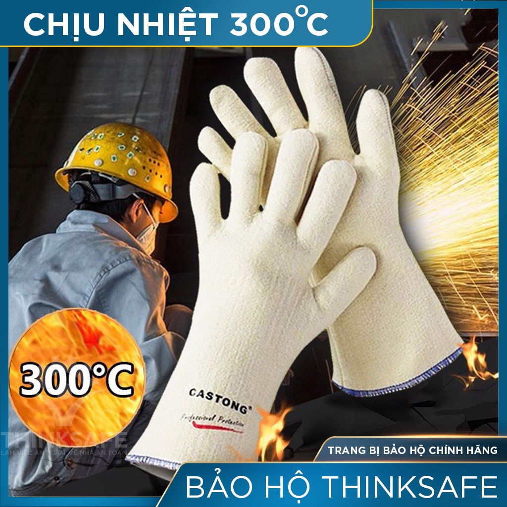 Găng tay chịu nhiệt 300℃ Thinksafe, chống nóng, nhiều lớp chống nhiệt, hấp thụ mồ hôi, bền không nóng chảy Castong trắng