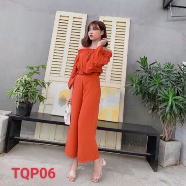 BG sét bộ quần ống rộng áo trễ vai tay dài gấp tầng