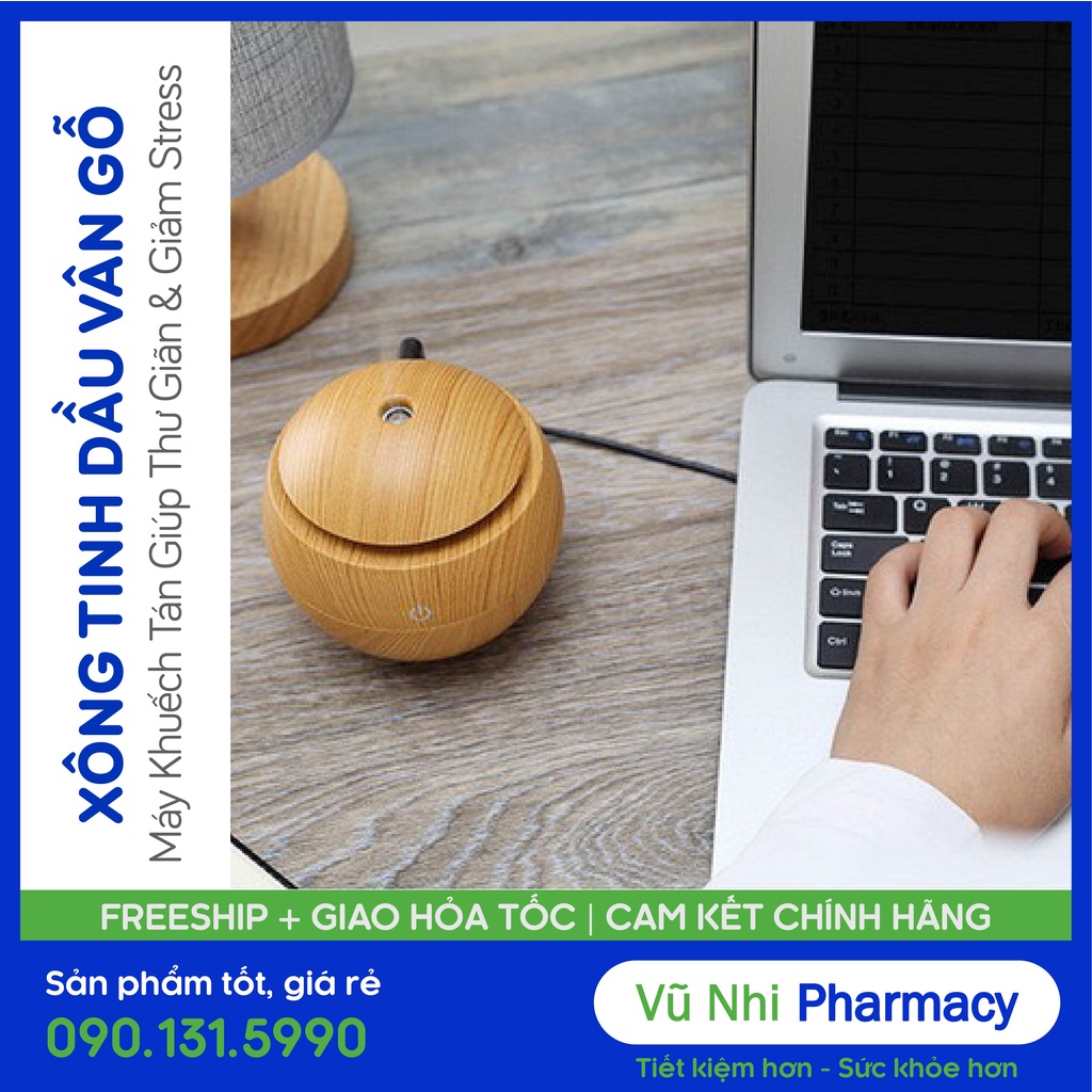 Máy phun tinh dầu mini phun sương tạo ẩm giá rẻ,Bình khuếch tán tinh dầu vân gỗ tròn 130ml,Tặng tinh dầu xanh 10ml