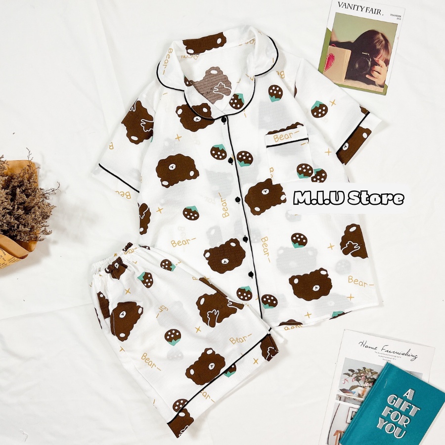 Bộ Ngủ Pijama Mặc Nhà Cộc Tay Chất Đũi Xốp Thoáng Mát Thấm Hút Mồ Hôi Siêu Tốt Họa Tiết Dễ Thương