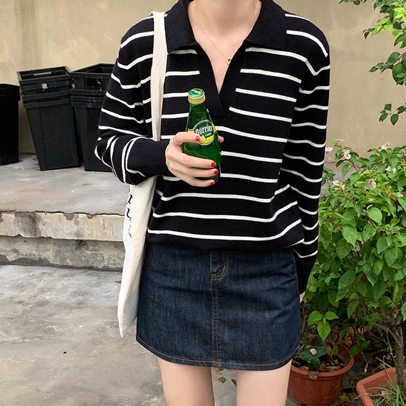 SUXI Áo Dệt Kim Tay Dài Dáng Rộng Kẻ Sọc Kiểu Retro Hàn Quốc Thời Trang Mùa Thu Cho Nữ