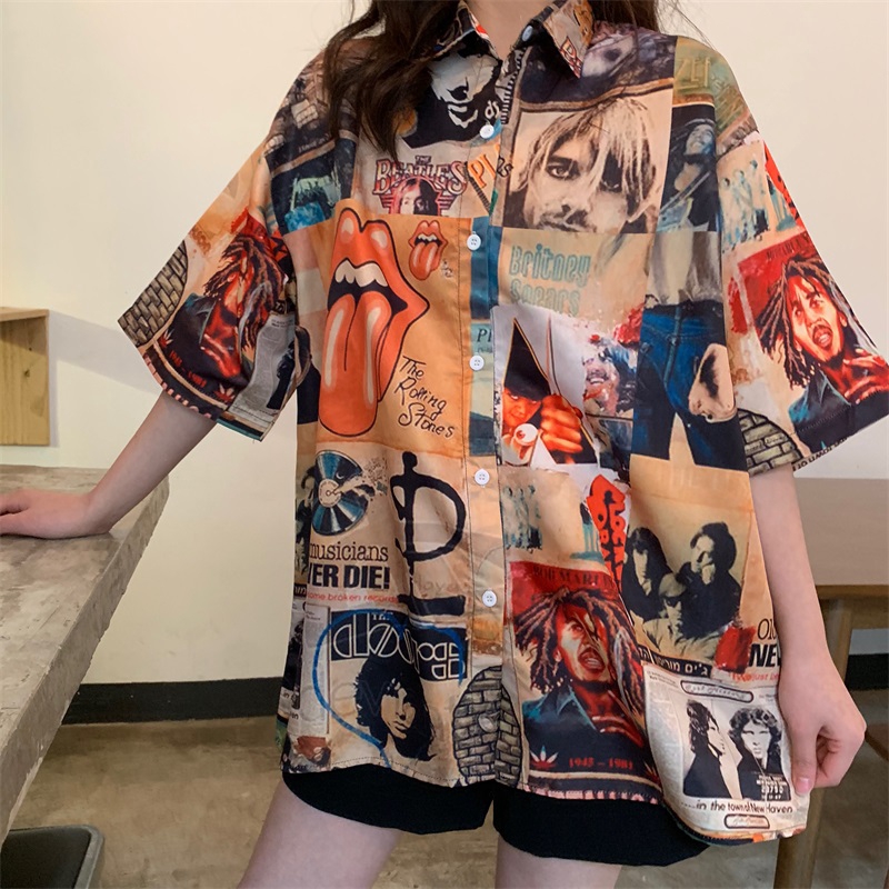 Áo sơ mi nữ tay ngắn in hình phong cách Harajuku