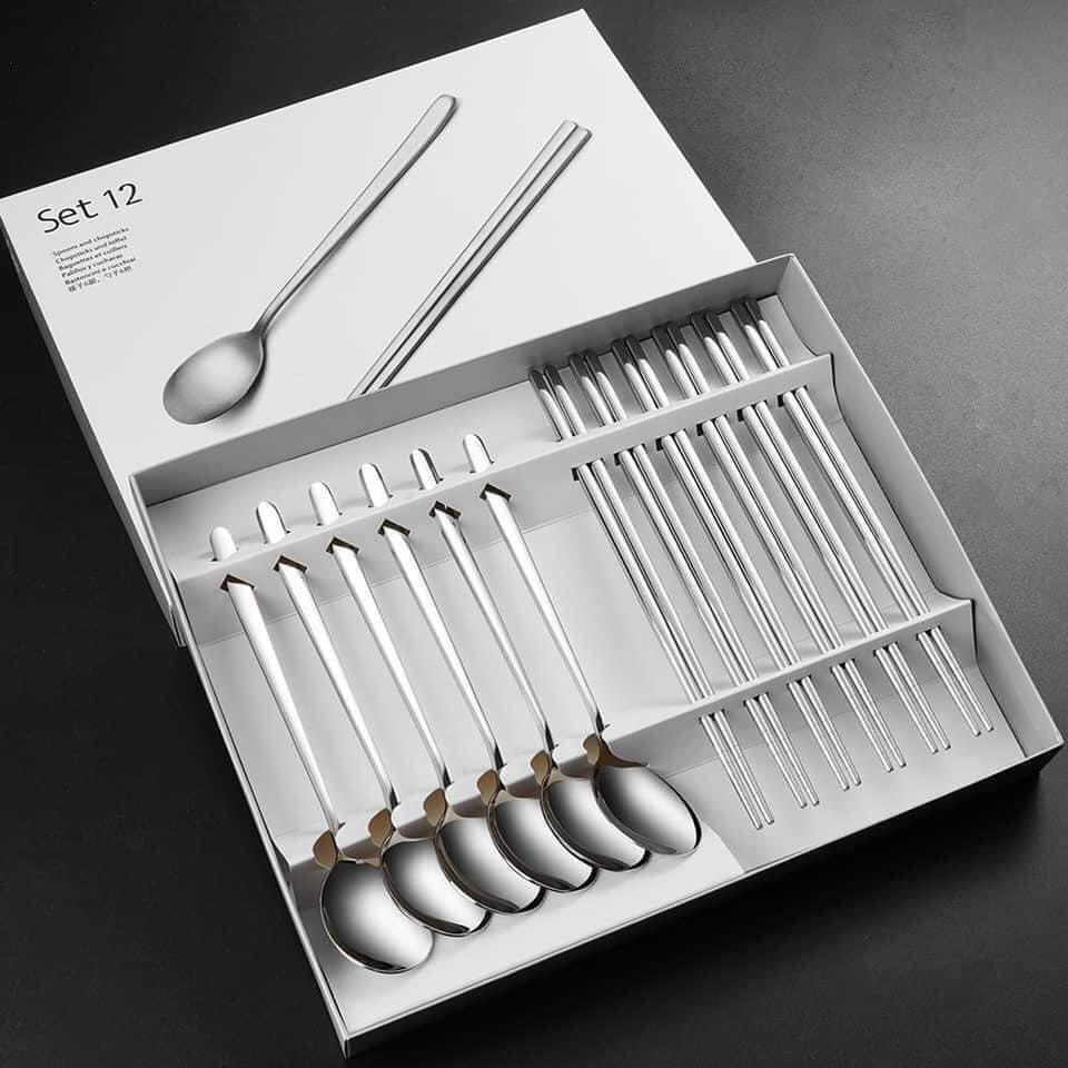 Bộ thìa đũa 12 món của Đức bằng thép không ghi cán dài kèm hộp làm quà tặng