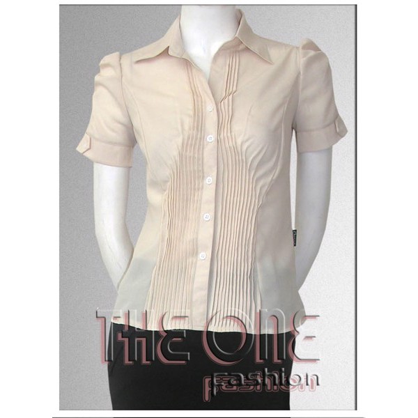 Áo sơ mi voan be tay cộc cổ đức li dọc dúm ngực The One Fashion ADV0133BE