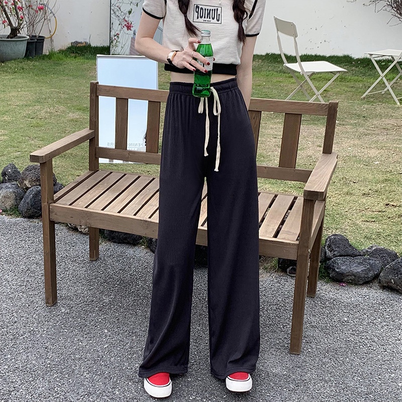 SUXI Quần ống rộng Lưng Cao Co Giãn Màu Sắc Đơn Giản Thời Trang Xuân Hè Cho Nữ
