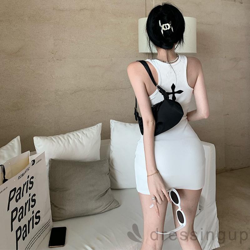 DRE-Ladies Slim Short Dress, Summer Geometric Printing U-neck Sleeveless Hip Dress