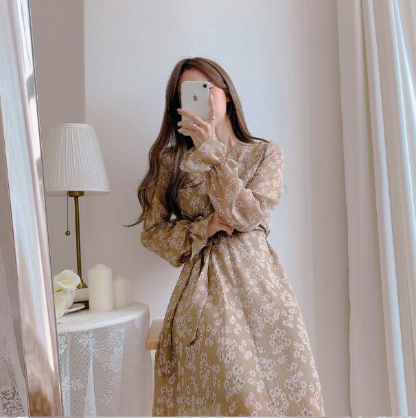 Đầm voan hoa SUXI tay dài cổ chữ v phong cách hàn quốc cho nữ