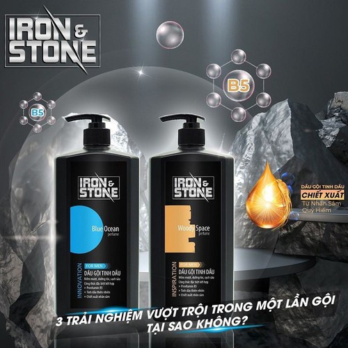 Combo 2 chai dầu gội Iron&Stone dành cho nam dung tích 650G hương Blue Ocean / Woody Space dưỡng tóc mềm mượt