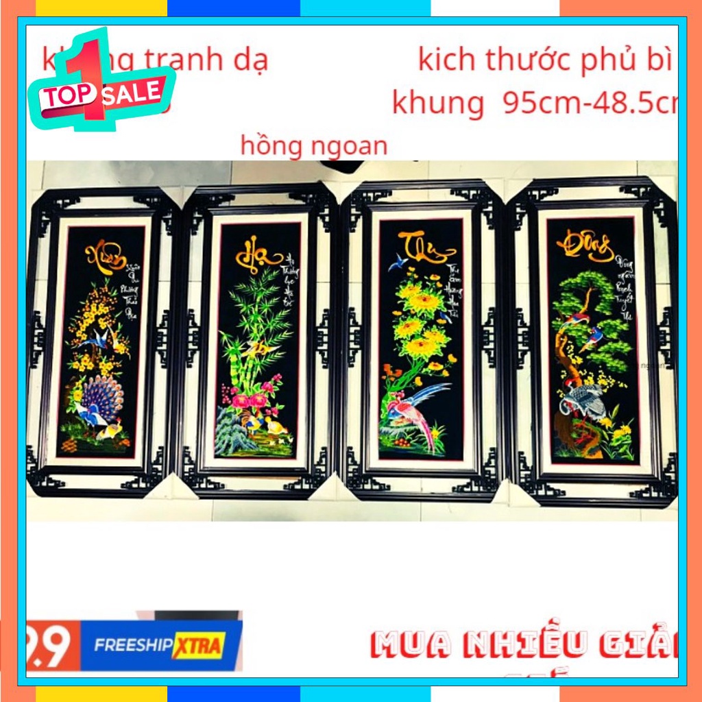 Tranh thêu sẵn,Tứ quý 4 mùa,khungtranh thành phẩm hai màu đen trawngscos khung và không khung